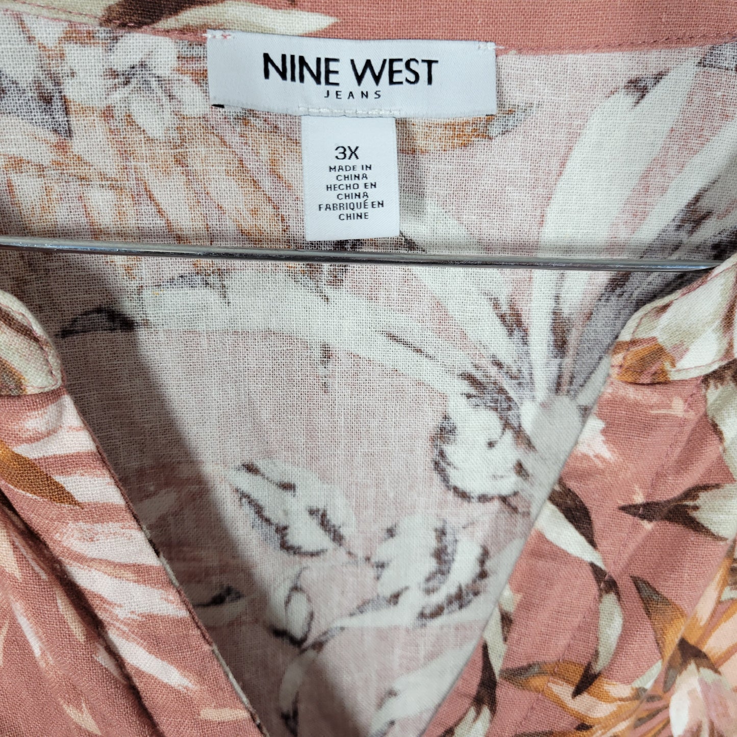 Nine West 3X Pink Brown Floral Top Long Sleeve Side Slit Pullover FLO240XE