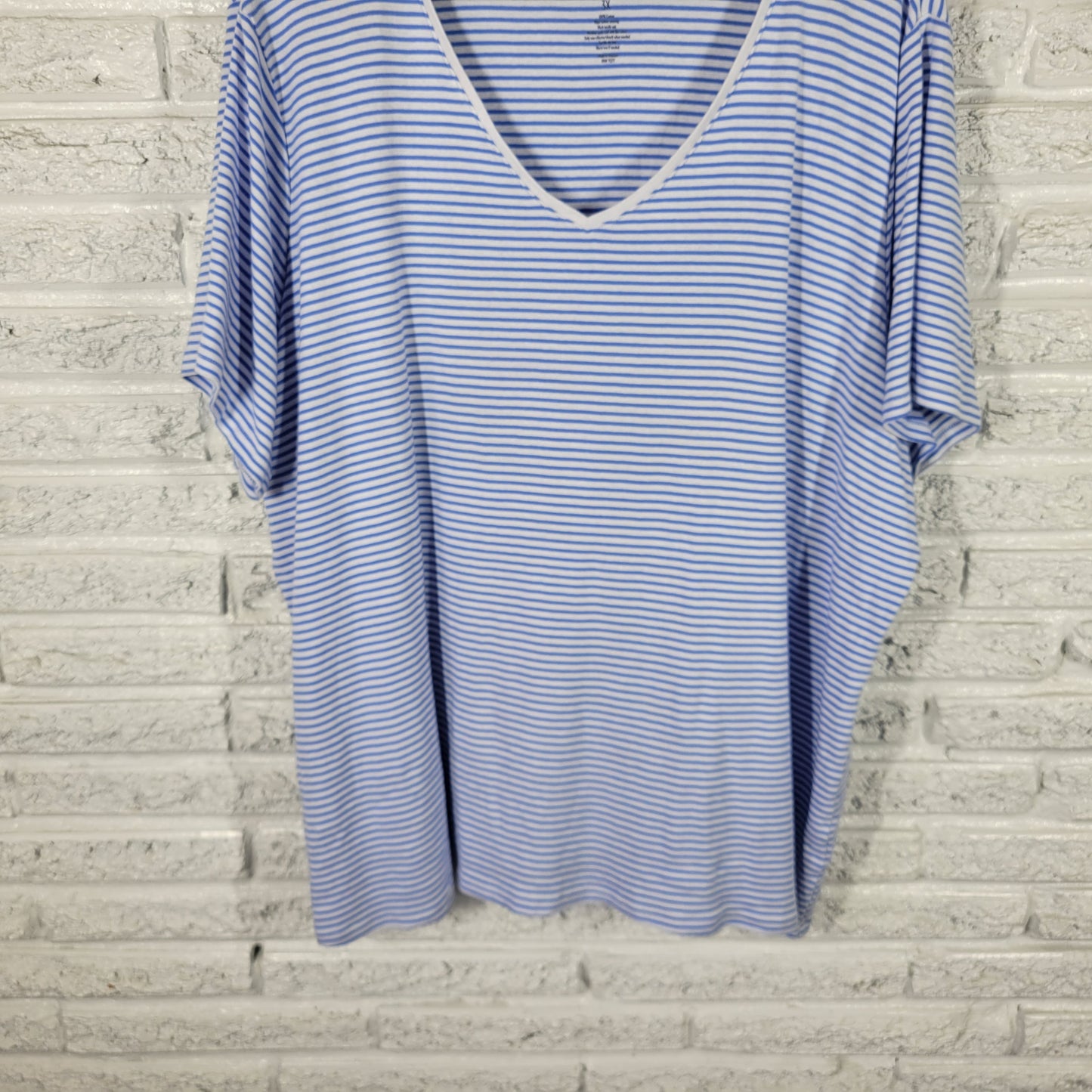 Croft & Barrow 3X Blue White Striped V-Neck Tee 100% Cotton STR104E
