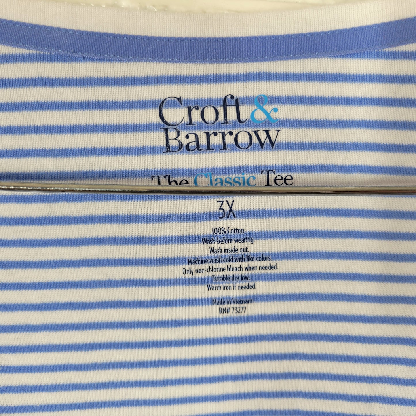 Croft & Barrow 3X Blue White Striped V-Neck Tee 100% Cotton STR104E