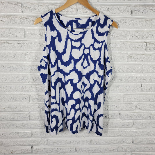 Denim & Co. XL Blue White Watercolor Tank Top Cotton Stretch Crew WAT42E