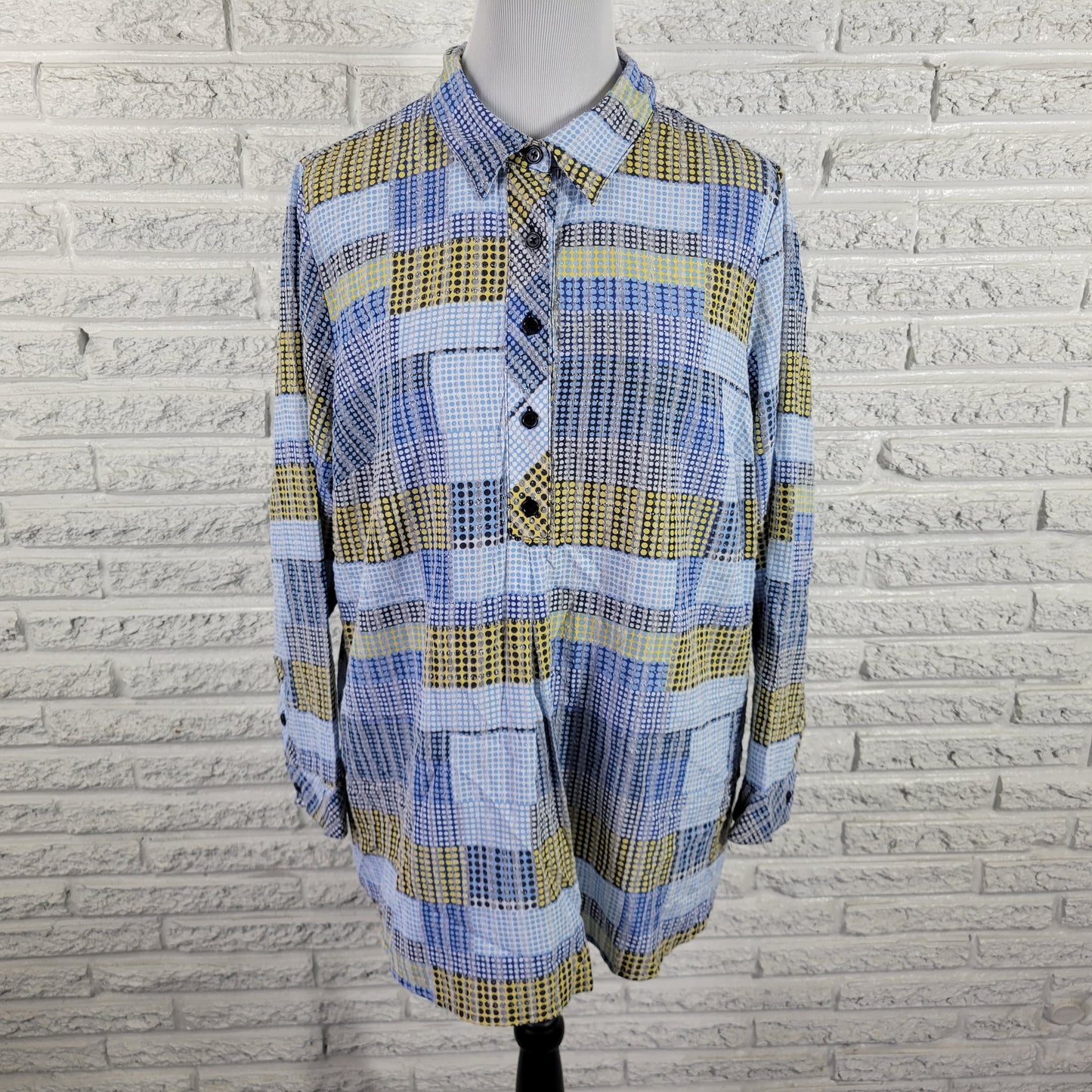 CJ Banks 1X Blue Yellow Geometric Button Up Shirt Collared Long Sleeve GEO52E