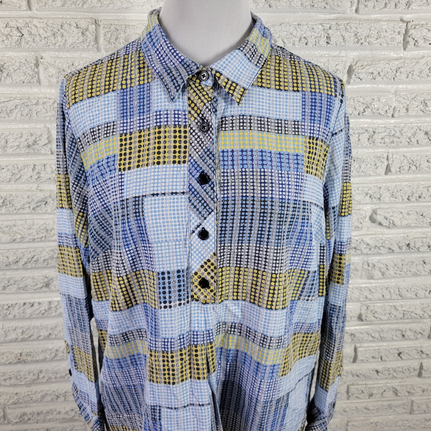 CJ Banks 1X Blue Yellow Geometric Button Up Shirt Collared Long Sleeve GEO52E