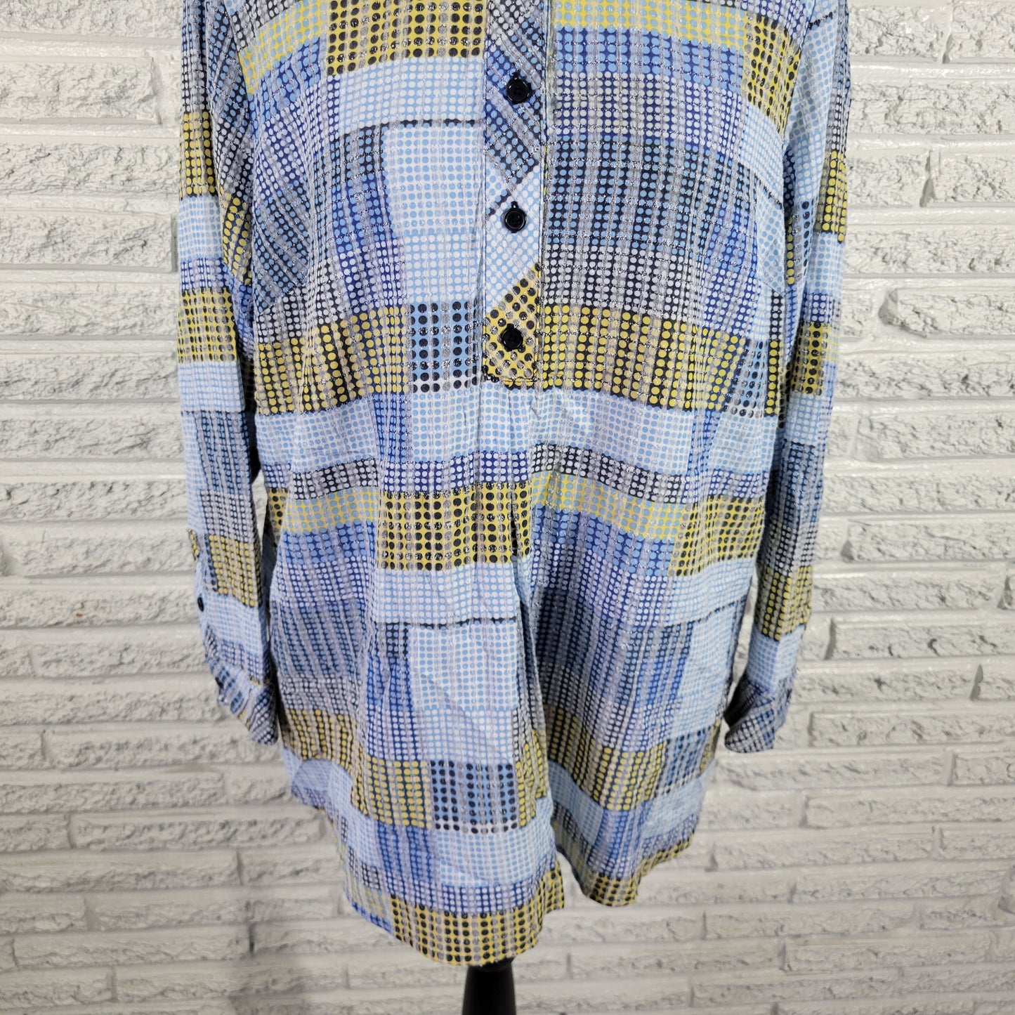 CJ Banks 1X Blue Yellow Geometric Button Up Shirt Collared Long Sleeve GEO52E