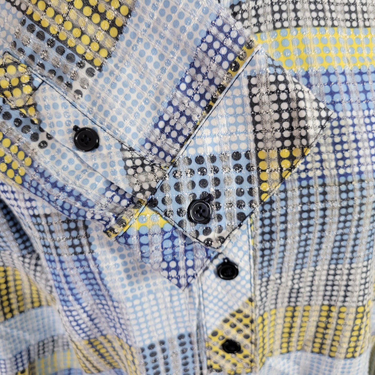 CJ Banks 1X Blue Yellow Geometric Button Up Shirt Collared Long Sleeve GEO52E