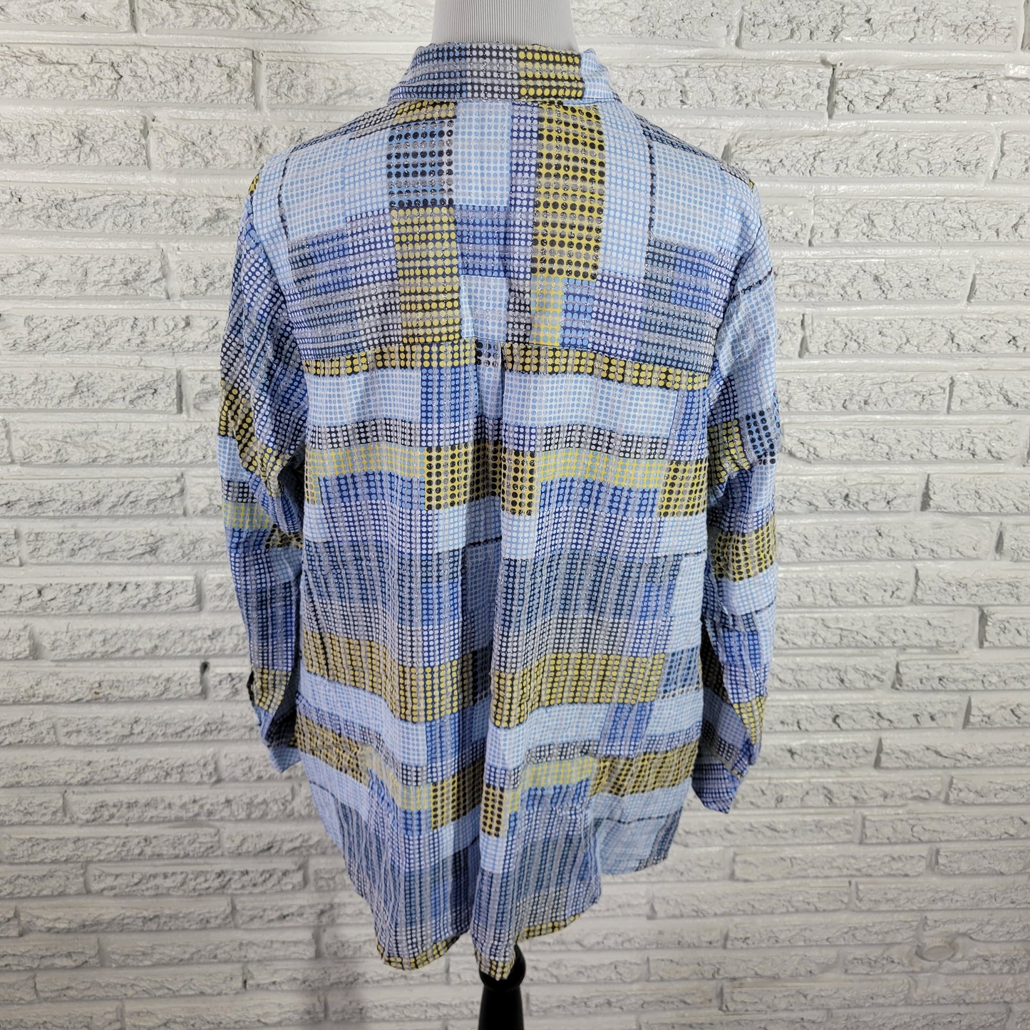 CJ Banks 1X Blue Yellow Geometric Button Up Shirt Collared Long Sleeve GEO52E