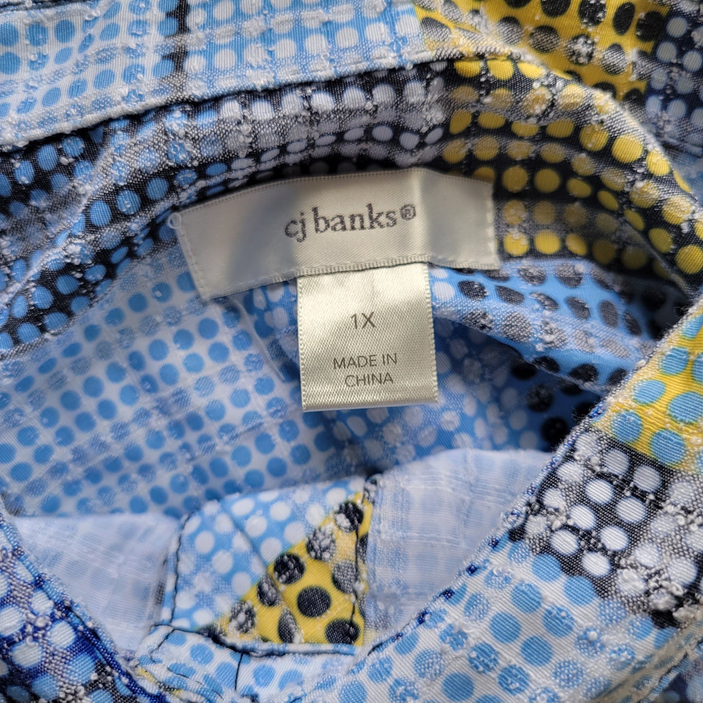 CJ Banks 1X Blue Yellow Geometric Button Up Shirt Collared Long Sleeve GEO52E