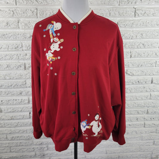 Alfred Dunner PXL Red Snowman Cardigan Sweatshirt Button Front Christmas SWE193E