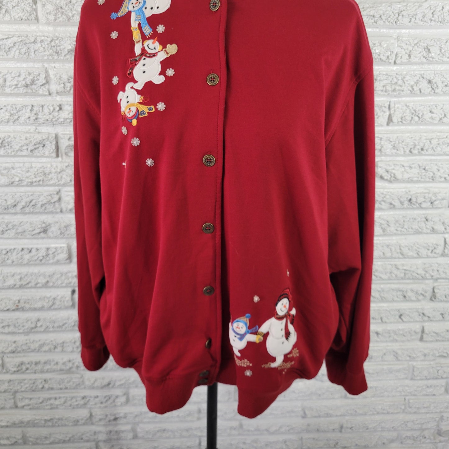 Alfred Dunner PXL Red Snowman Cardigan Sweatshirt Button Front Christmas SWE193E