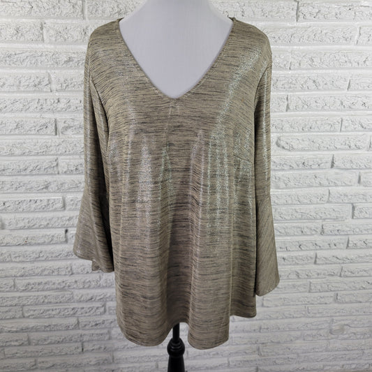 Valerie Stevens 1X Gold Metallic Knit Blouse V-Neck Long Bell Sleeve Top A10E