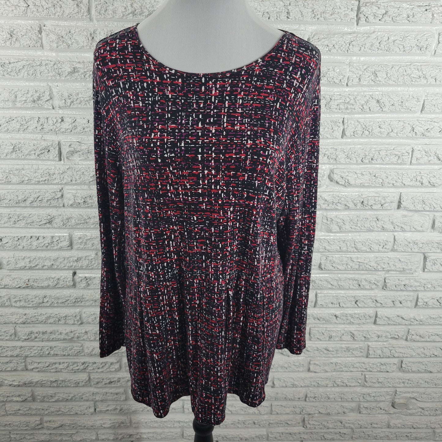 J. Jill XL Top Black Red Geometric Long Sleeve Crew Neck Stretch Rayon GEO242XE