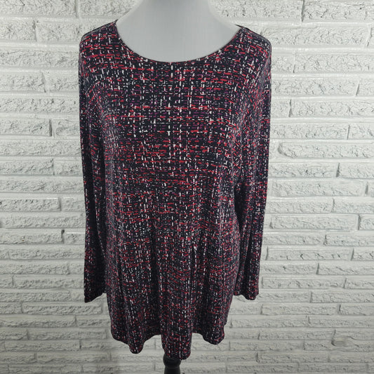 J. Jill XL Top Black Red Geometric Long Sleeve Crew Neck Stretch Rayon GEO242XE