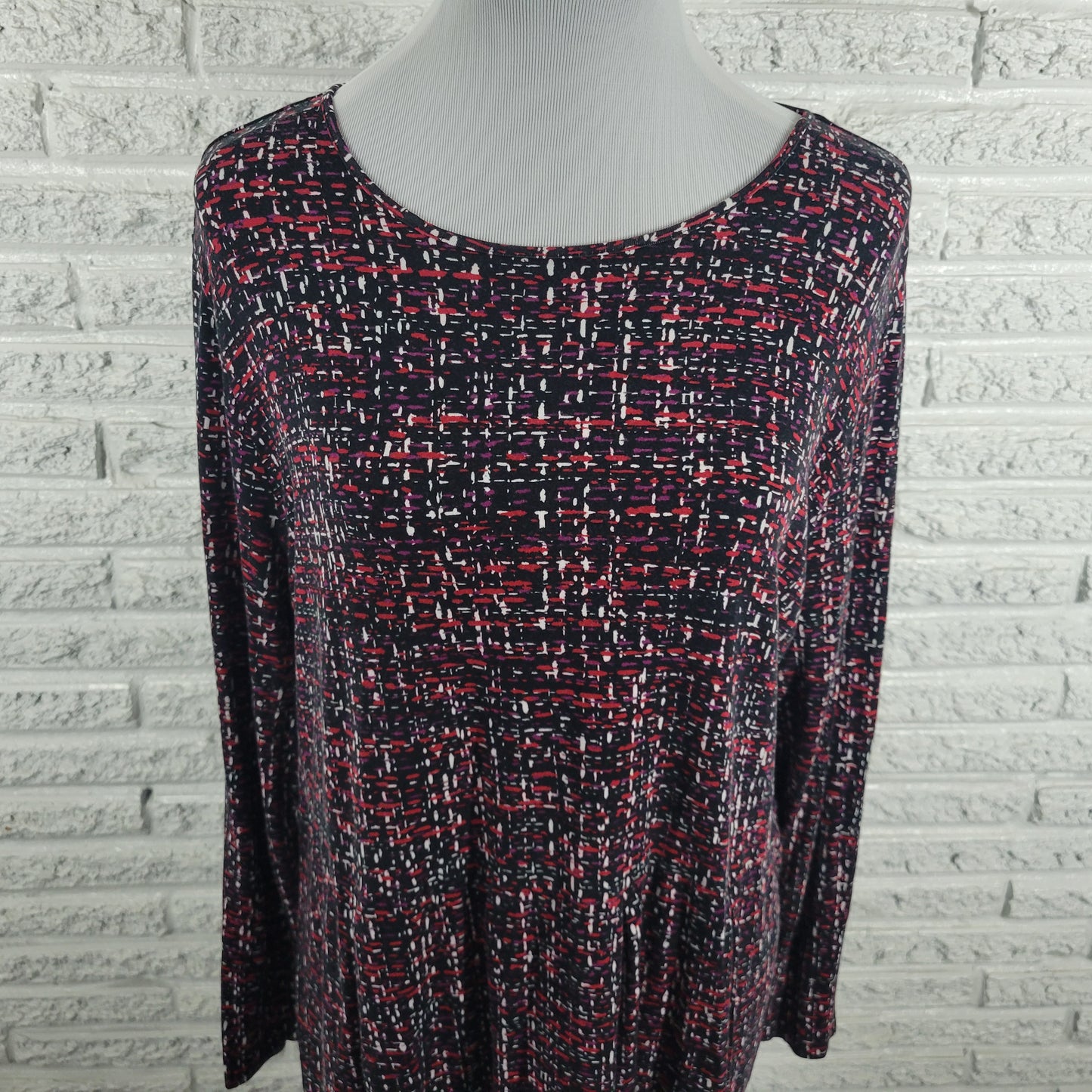 J. Jill XL Top Black Red Geometric Long Sleeve Crew Neck Stretch Rayon GEO242XE