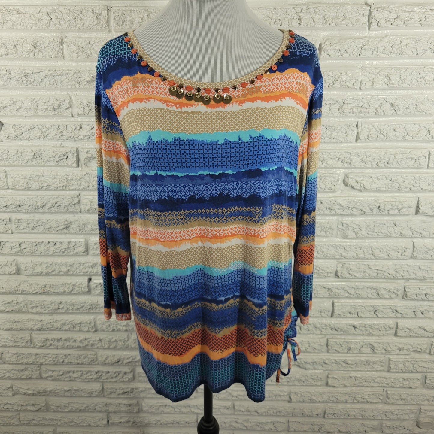 Ruby Rd XL Geometric Top Long Sleeve Ruched Studded Round Neck Stretch GEO212E