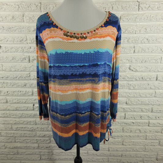 Ruby Rd XL Geometric Top Long Sleeve Ruched Studded Round Neck Stretch GEO212E