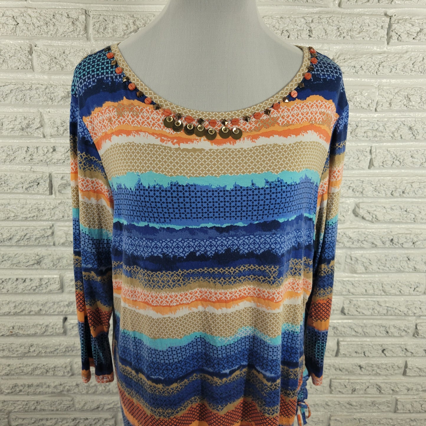 Ruby Rd XL Geometric Top Long Sleeve Ruched Studded Round Neck Stretch GEO212E