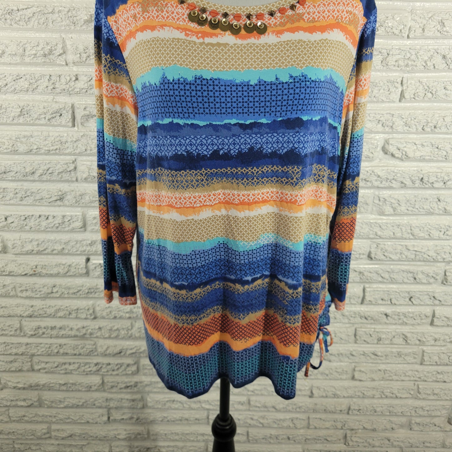 Ruby Rd XL Geometric Top Long Sleeve Ruched Studded Round Neck Stretch GEO212E