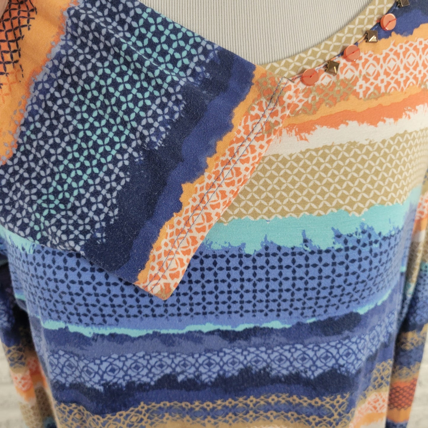 Ruby Rd XL Geometric Top Long Sleeve Ruched Studded Round Neck Stretch GEO212E