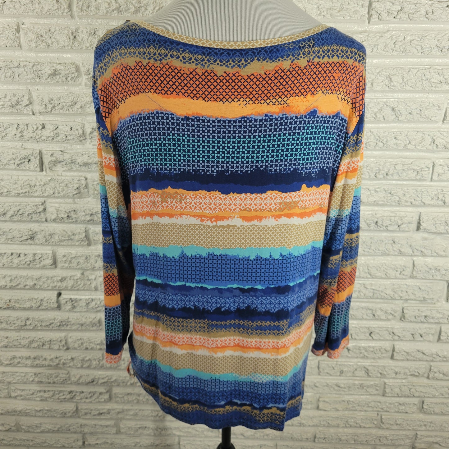 Ruby Rd XL Geometric Top Long Sleeve Ruched Studded Round Neck Stretch GEO212E