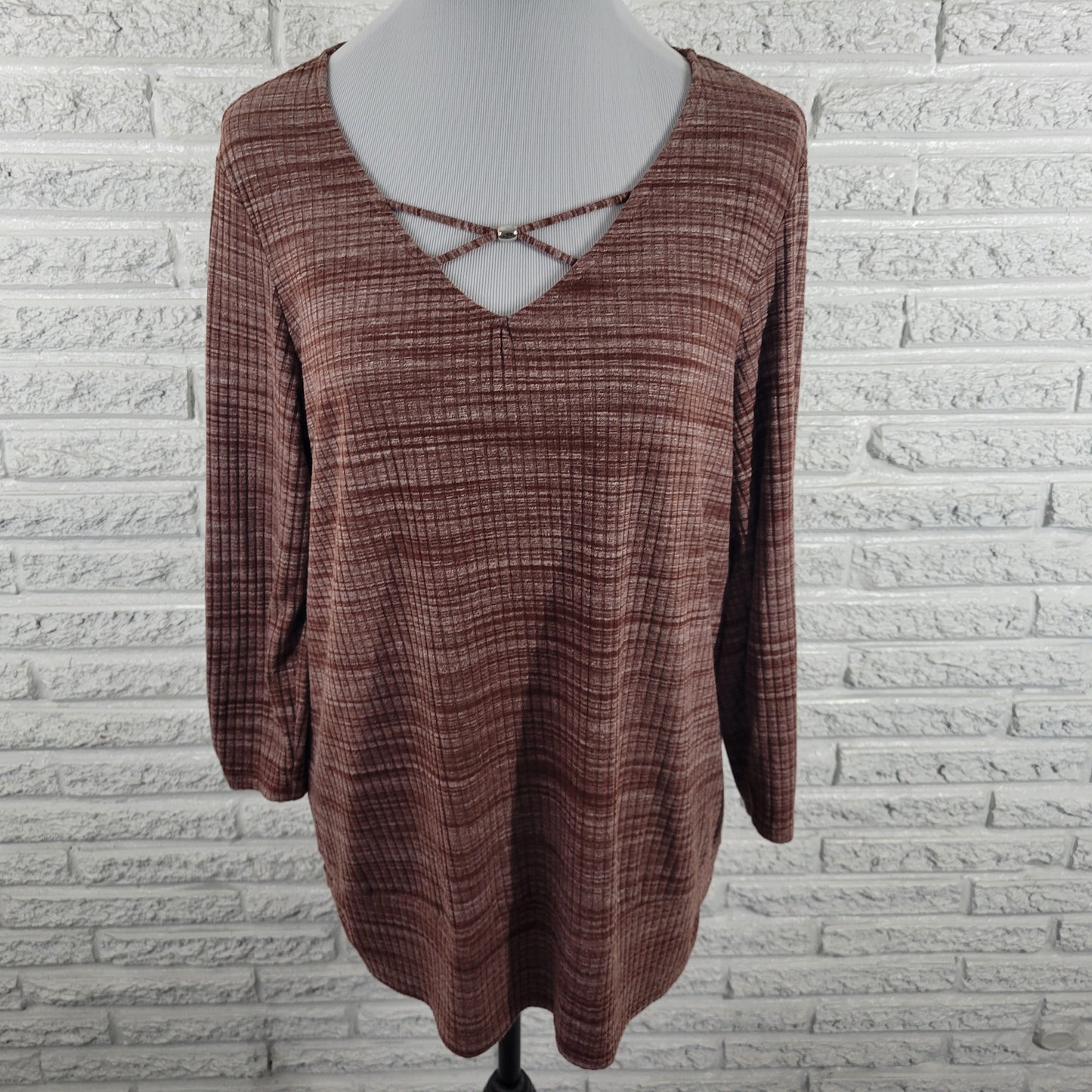 Apt 9 XL Knit Blouse Brown White Marled V-Neck Ruched Lattice Long Sleeve BRO43E