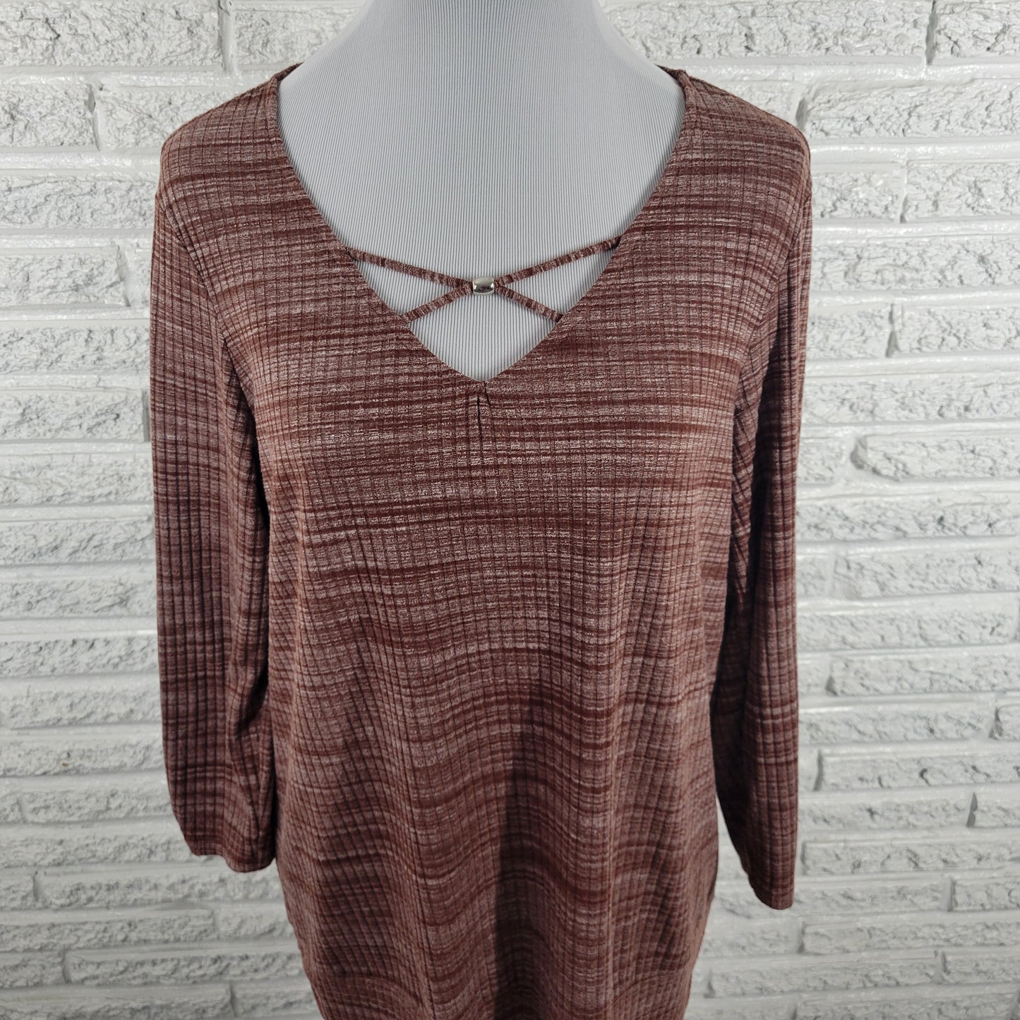 Apt 9 XL Knit Blouse Brown White Marled V-Neck Ruched Lattice Long Sleeve BRO43E