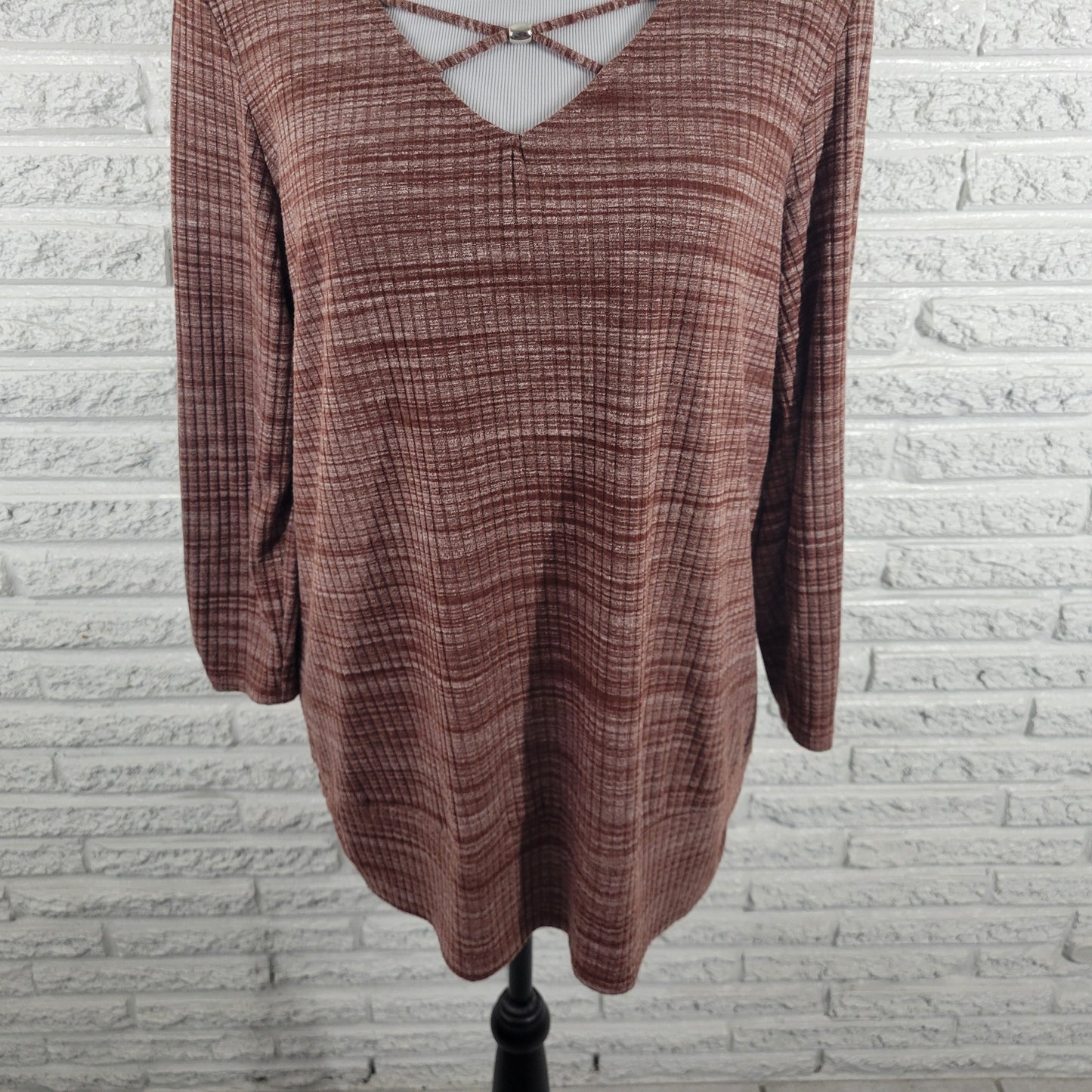 Apt 9 XL Knit Blouse Brown White Marled V-Neck Ruched Lattice Long Sleeve BRO43E