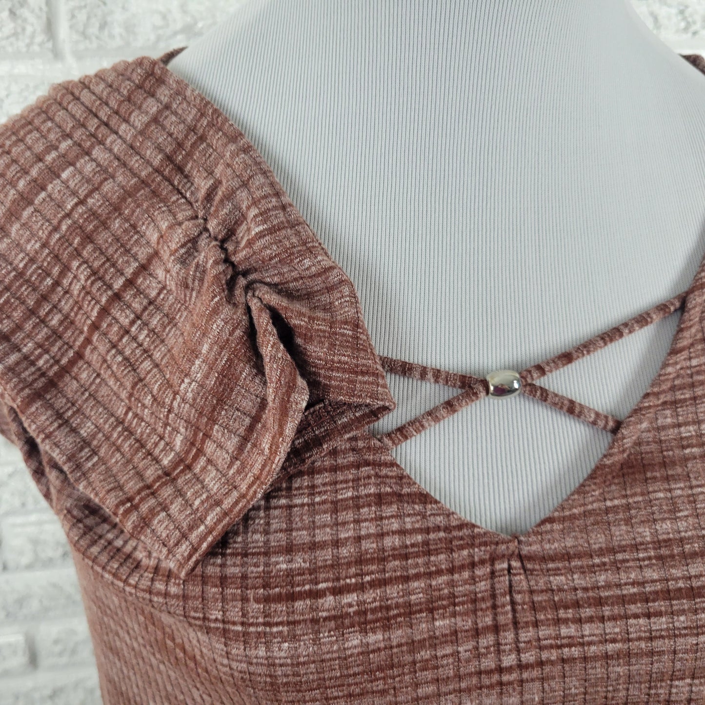 Apt 9 XL Knit Blouse Brown White Marled V-Neck Ruched Lattice Long Sleeve BRO43E