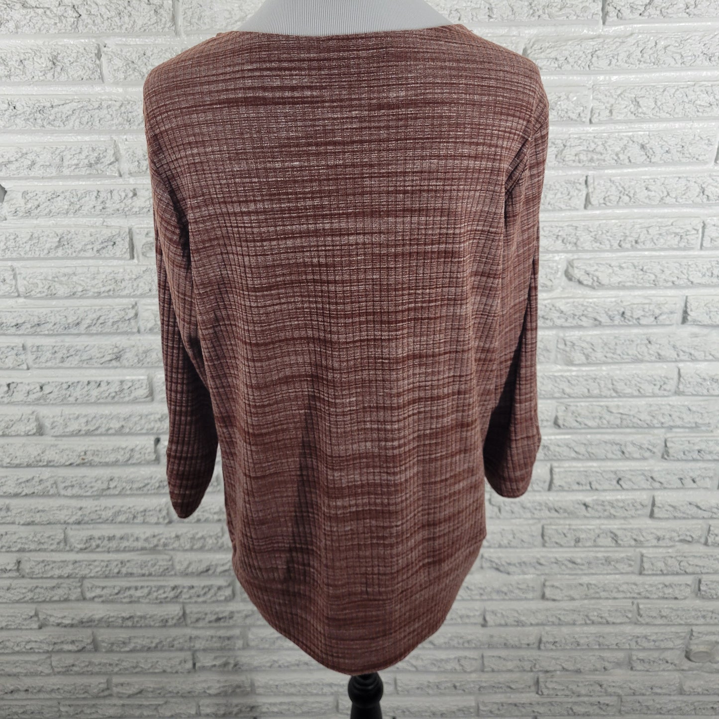 Apt 9 XL Knit Blouse Brown White Marled V-Neck Ruched Lattice Long Sleeve BRO43E
