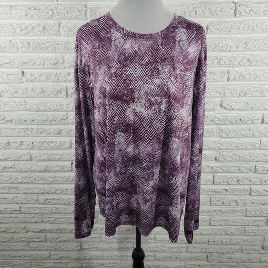 Enlighten 2X Tunic Top Purple White Geometric Long Sleeve Crew Neck GEO185E