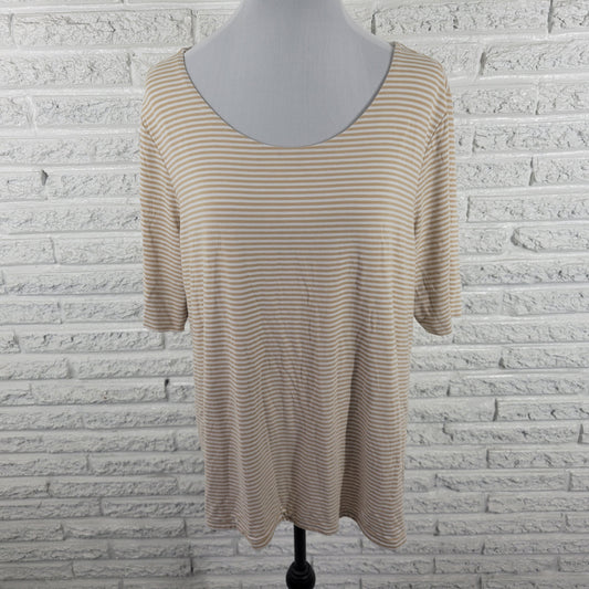 Chicos XL Beige White Striped Tee Short Sleeve Round Neck Stretch STR79XE