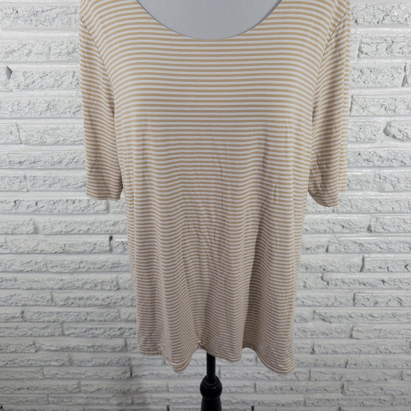Chicos XL Beige White Striped Tee Short Sleeve Round Neck Stretch STR79XE