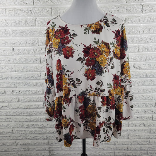 Time & Tru XXL Top Red Gold Floral Bell Sleeve Blouse Back Keyhole Plus FLO239XE