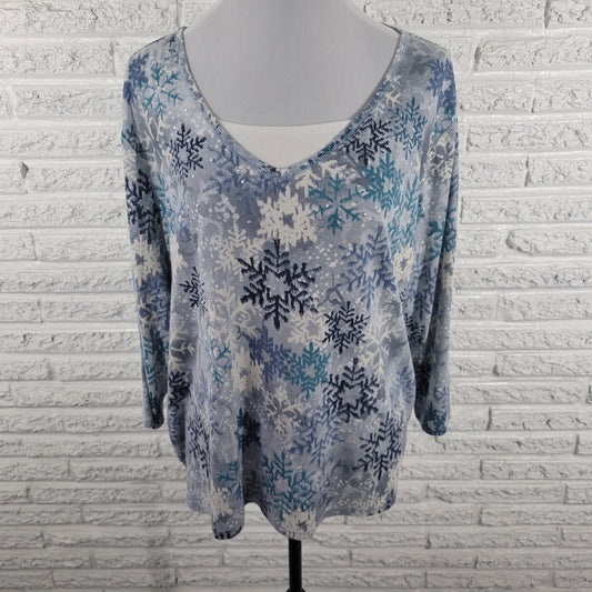 Basic Editions XXL Blue Snowflake Tee 3/4 Sleeve Square Neck Studded B10E