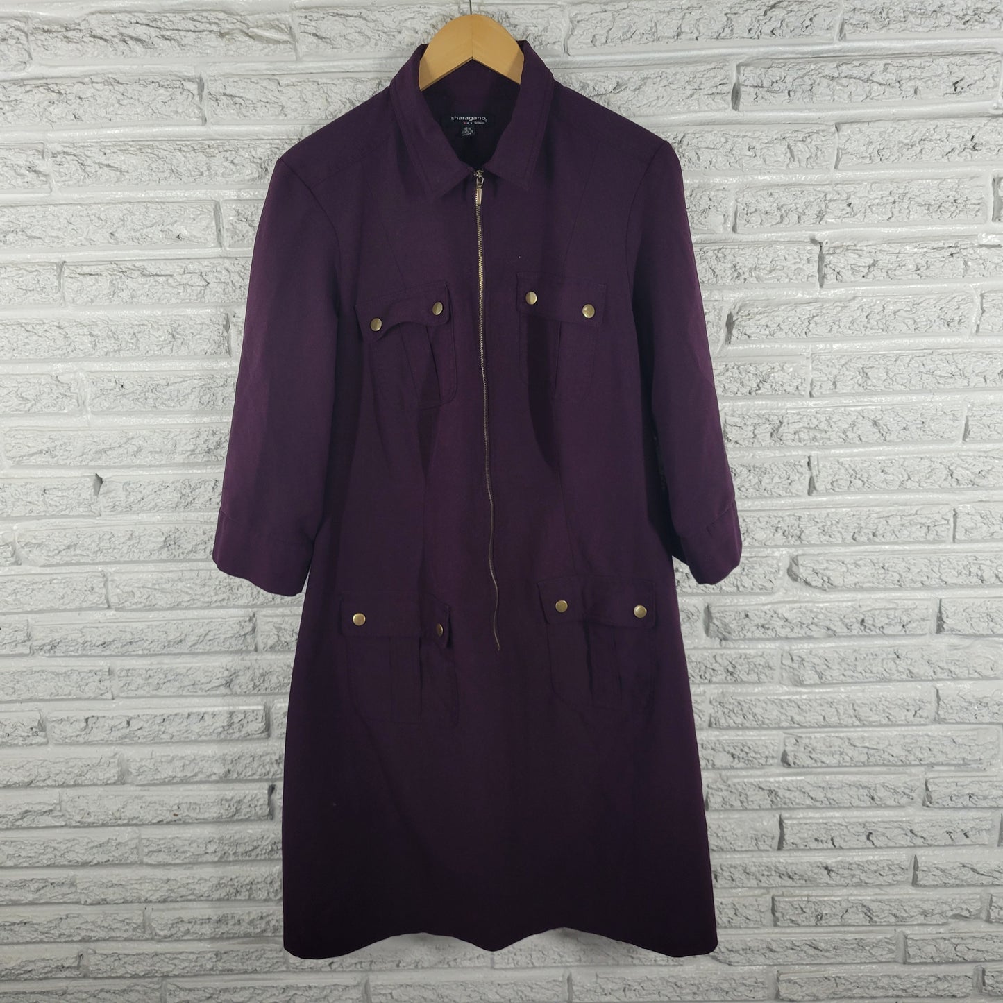 Sharagano Dress 16W Purple Shirt Dress  Zip  Roll Tab Sleeve Knee Length PUR64E