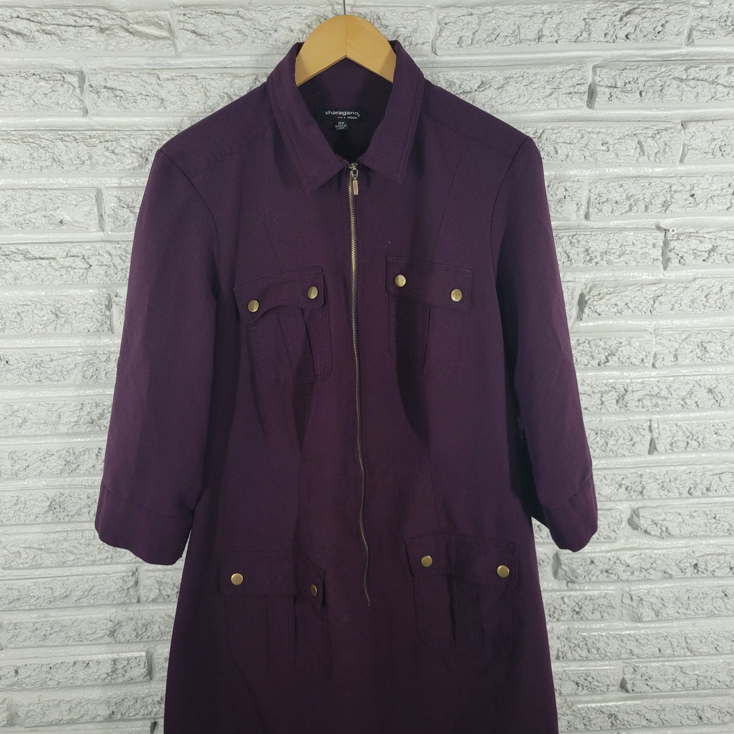 Sharagano Dress 16W Purple Shirt Dress  Zip  Roll Tab Sleeve Knee Length PUR64E