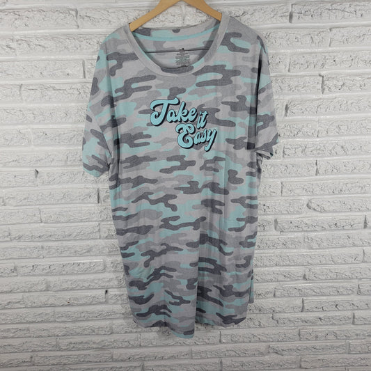 Secret Treasures L/XL Pajama Top Nightgown Blue Gray Camo Short Sleeve NOV71E