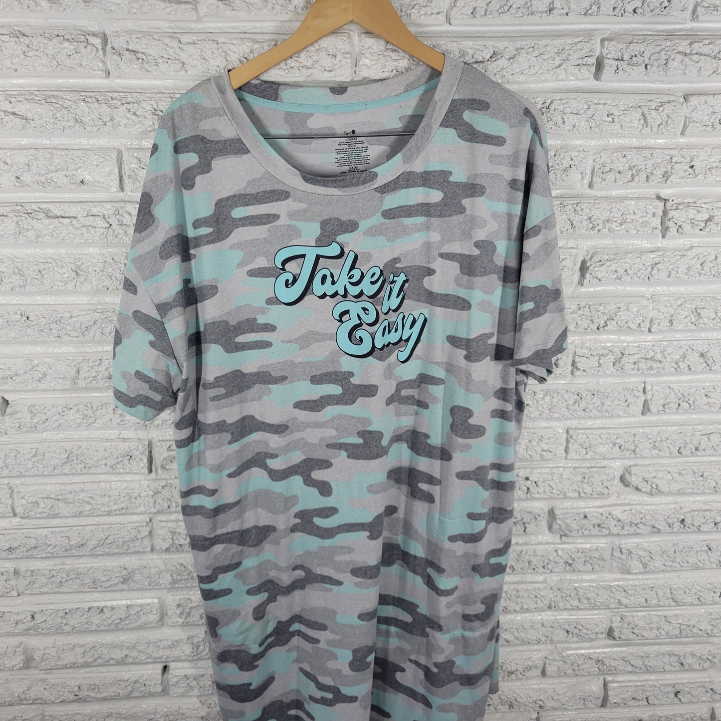 Secret Treasures L/XL Pajama Top Nightgown Blue Gray Camo Short Sleeve NOV71E