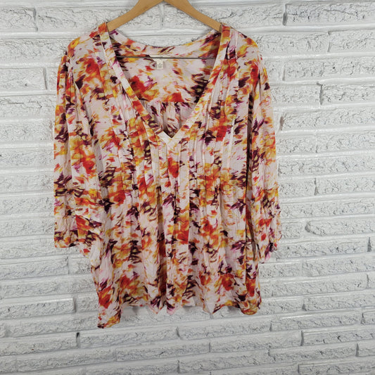 Terra & Sky 3X Orange Yellow Watercolor Top V-Neck 3/4 Sleeve Pleated WAT8E