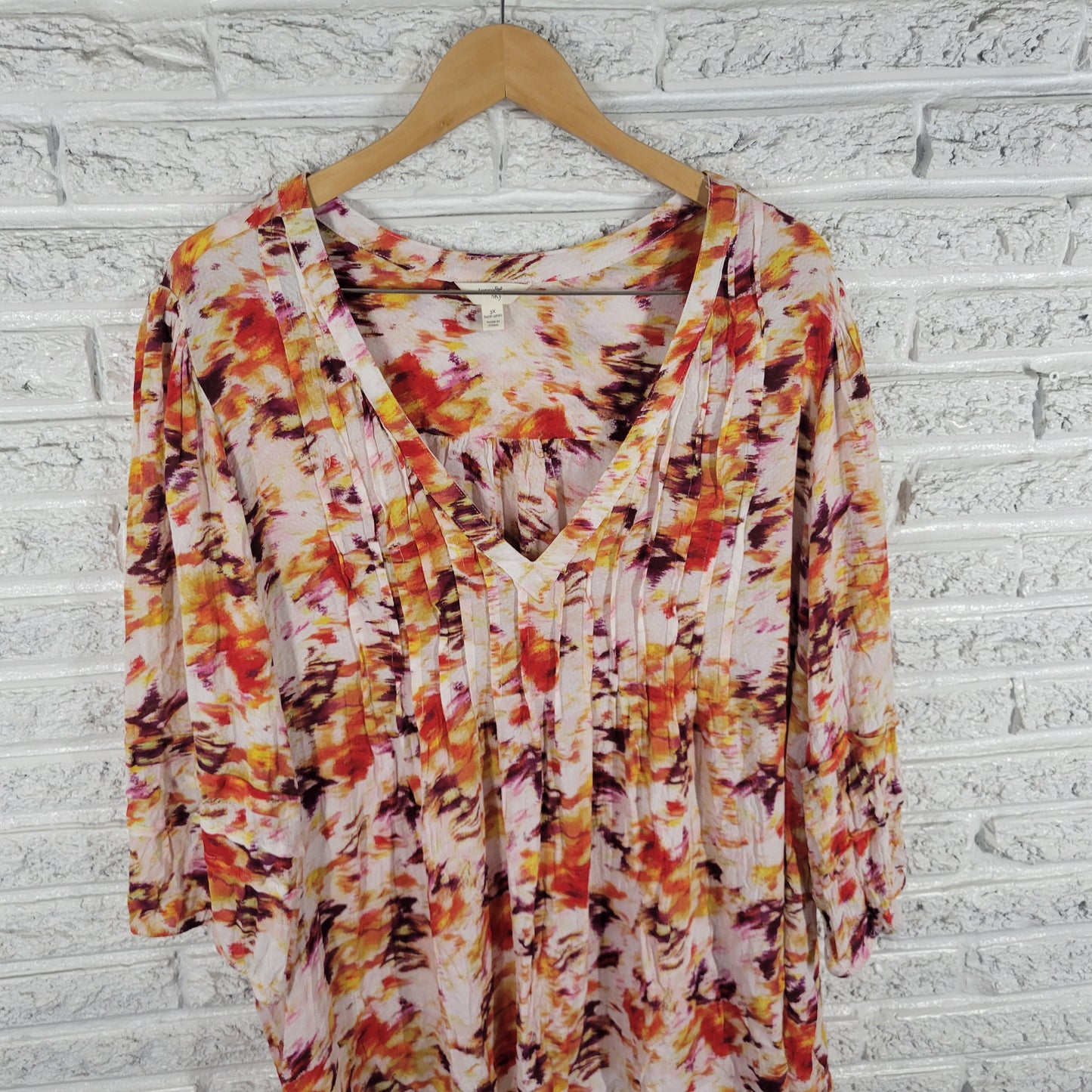Terra & Sky 3X Orange Yellow Watercolor Top V-Neck 3/4 Sleeve Pleated WAT8E