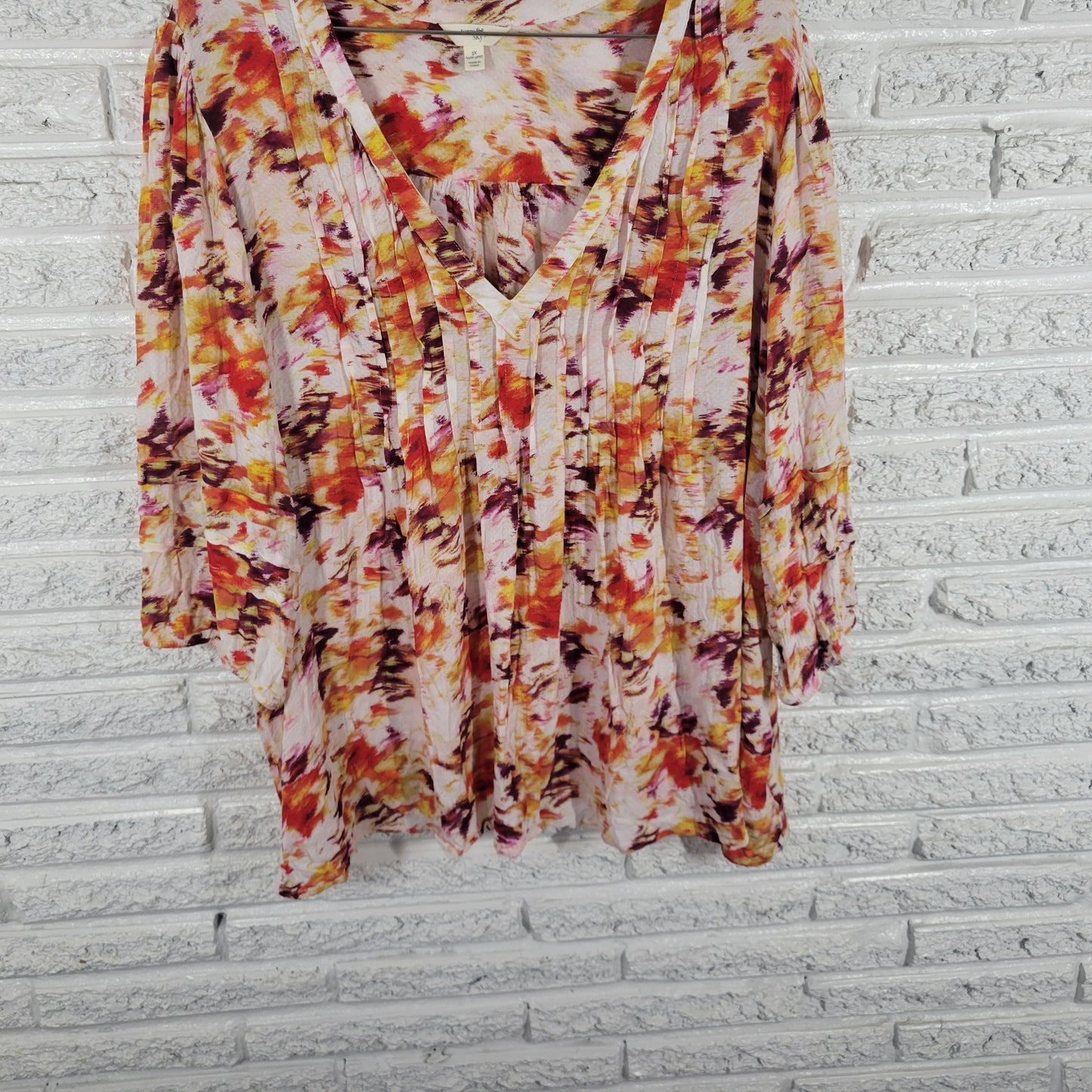 Terra & Sky 3X Orange Yellow Watercolor Top V-Neck 3/4 Sleeve Pleated WAT8E