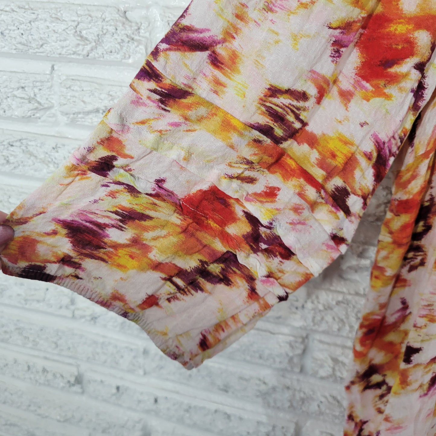 Terra & Sky 3X Orange Yellow Watercolor Top V-Neck 3/4 Sleeve Pleated WAT8E