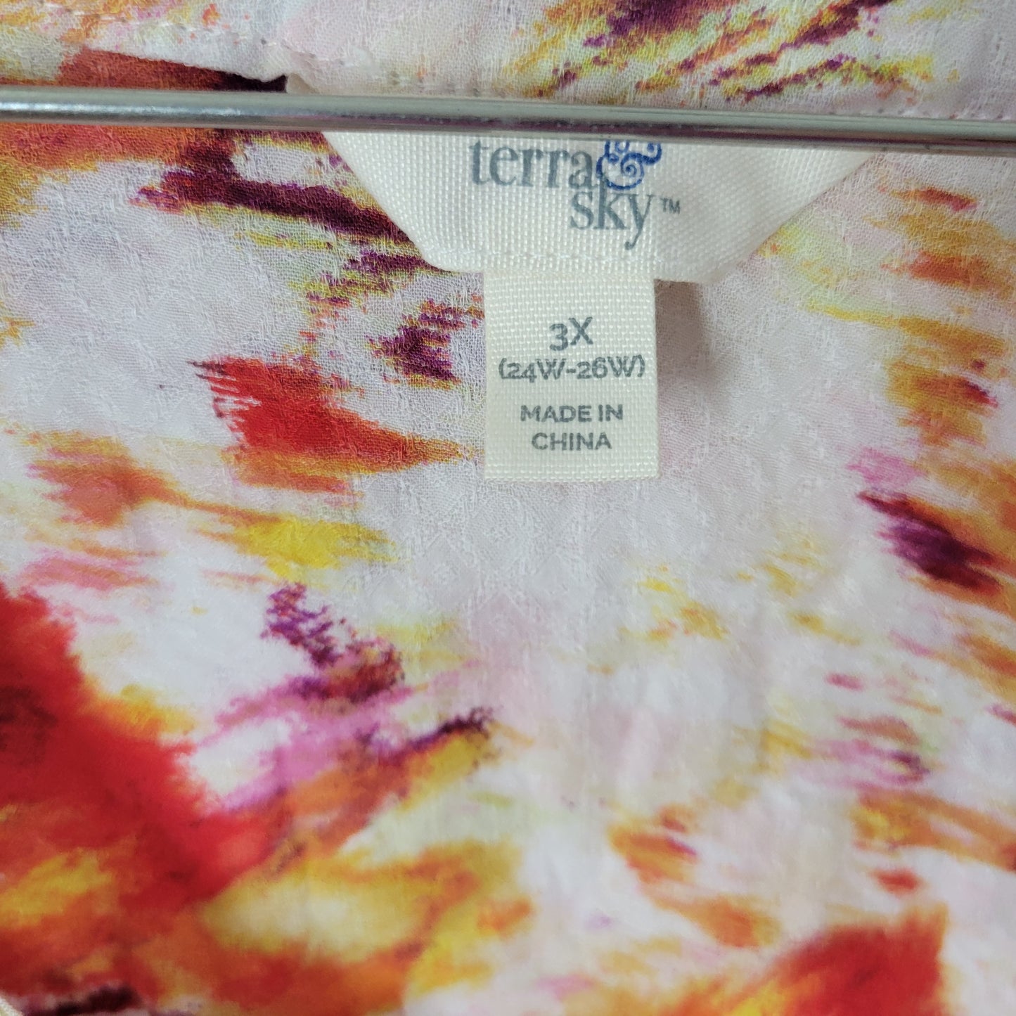 Terra & Sky 3X Orange Yellow Watercolor Top V-Neck 3/4 Sleeve Pleated WAT8E