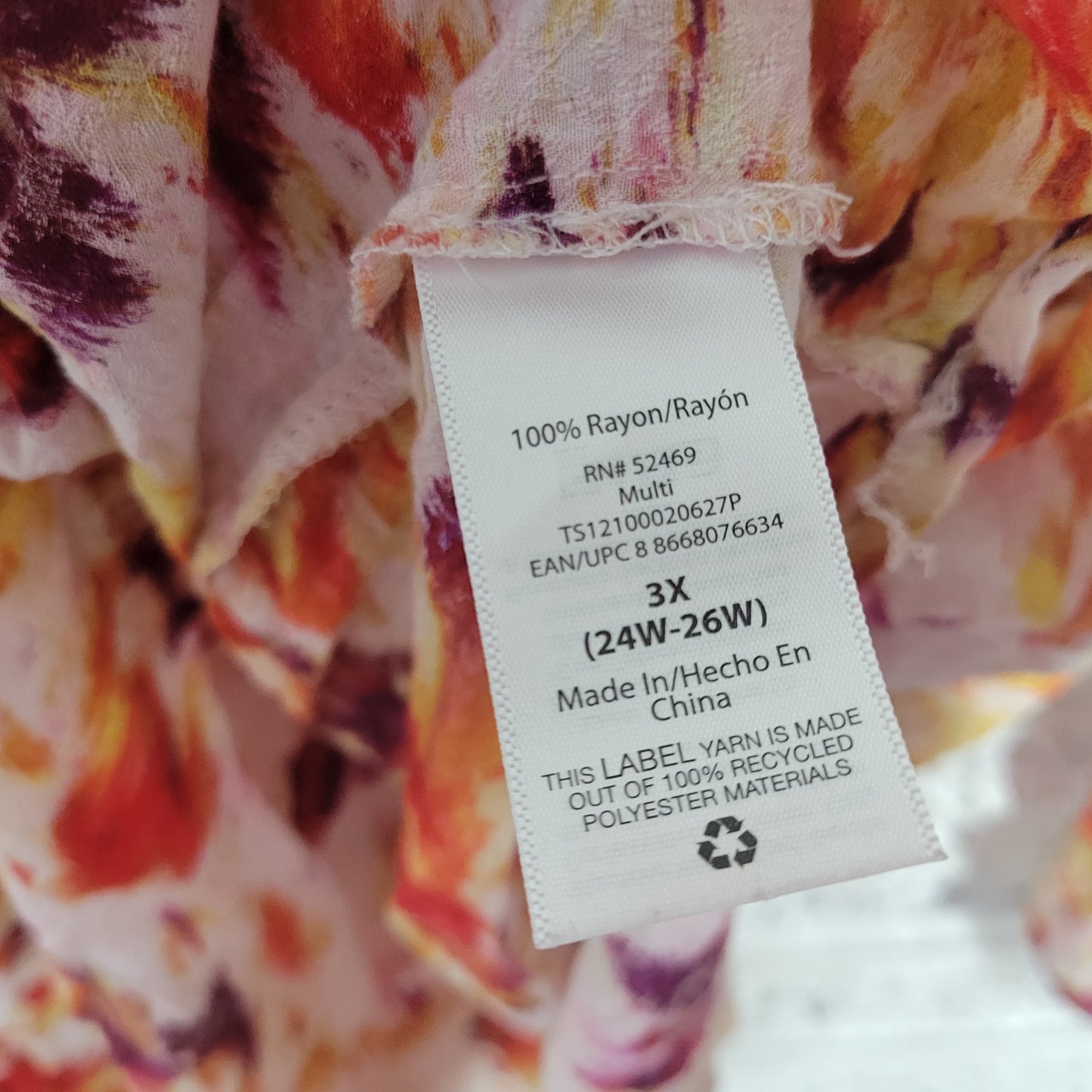 Terra & Sky 3X Orange Yellow Watercolor Top V-Neck 3/4 Sleeve Pleated WAT8E