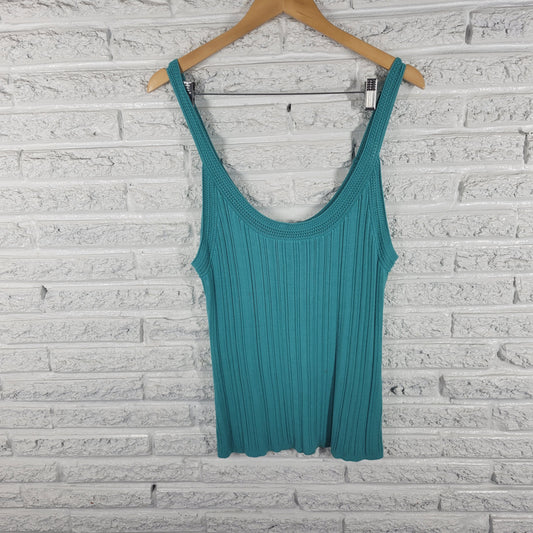White House Black Market XL Blue Blouse Ribbed Linear Stitch Sleeveless BLU139E