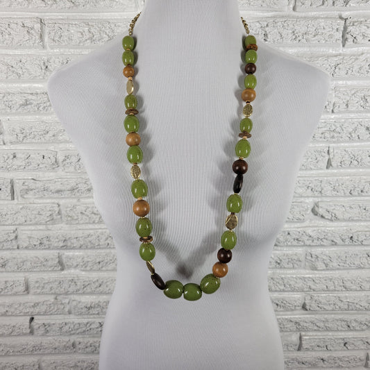 Chicos Green Beaded Necklace Gold Tone Wood Resin Multi Strand Statement N7E