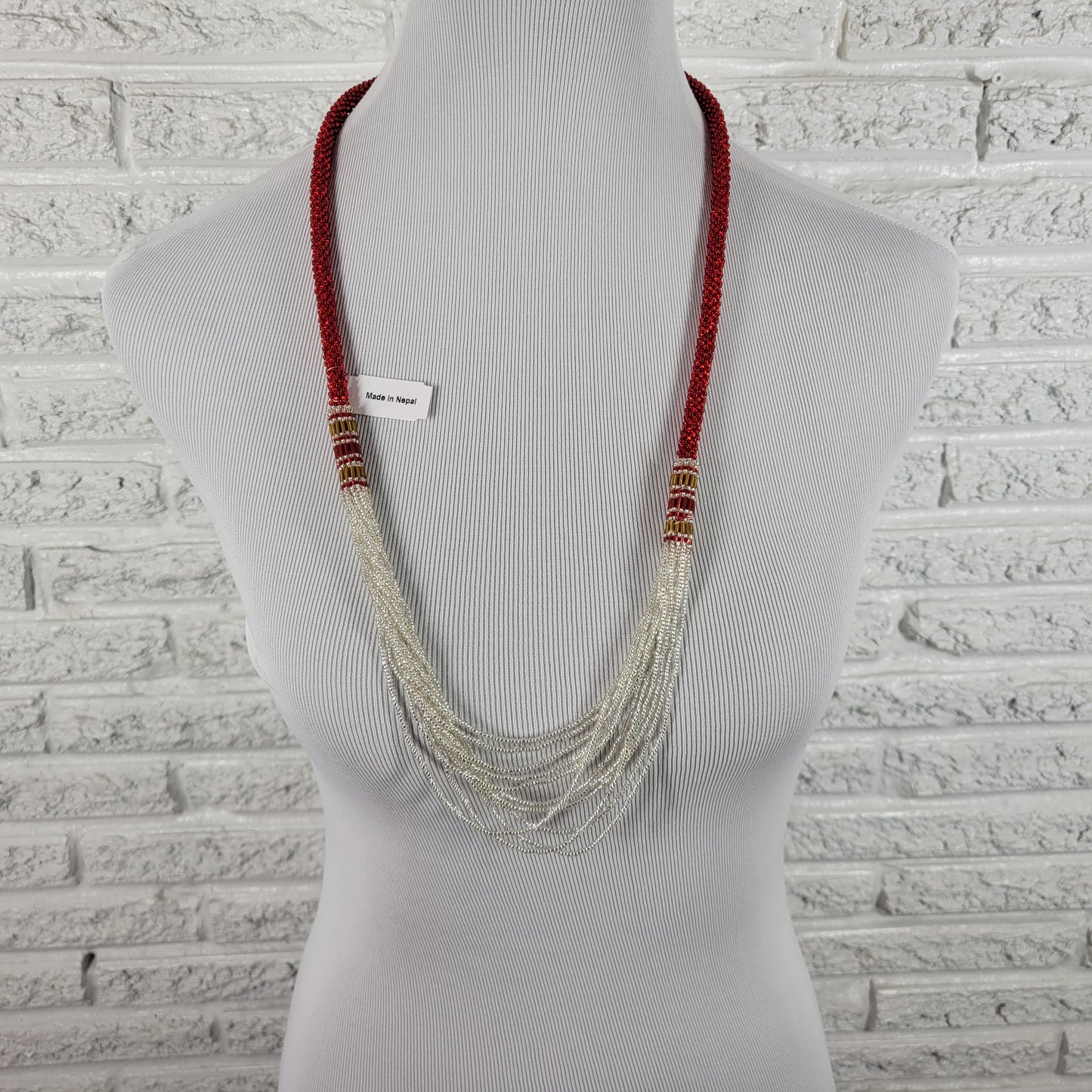 Nepali Seed Bead Rope Necklace Red Silver Multi Strand Crochet Boho N6E