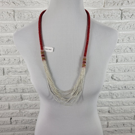 Nepali Seed Bead Rope Necklace Red Silver Multi Strand Crochet Boho N6E