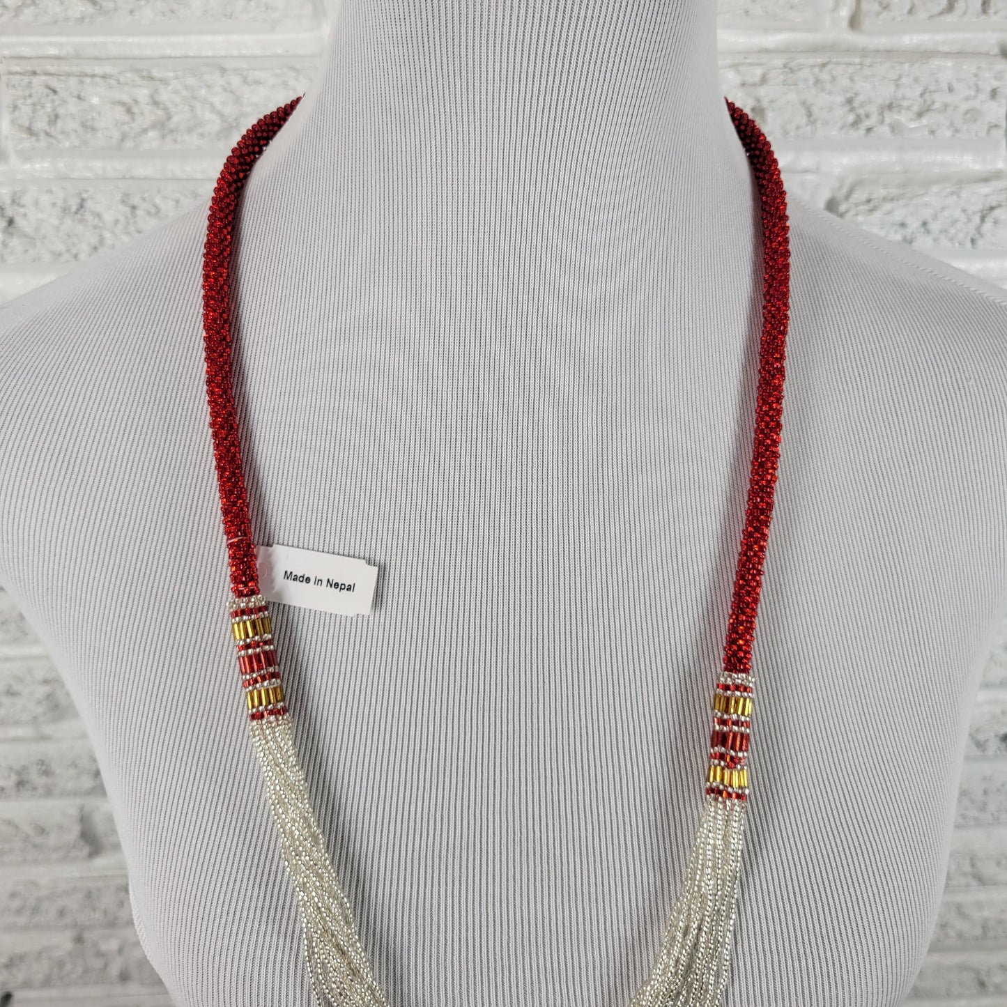 Nepali Seed Bead Rope Necklace Red Silver Multi Strand Crochet Boho N6E