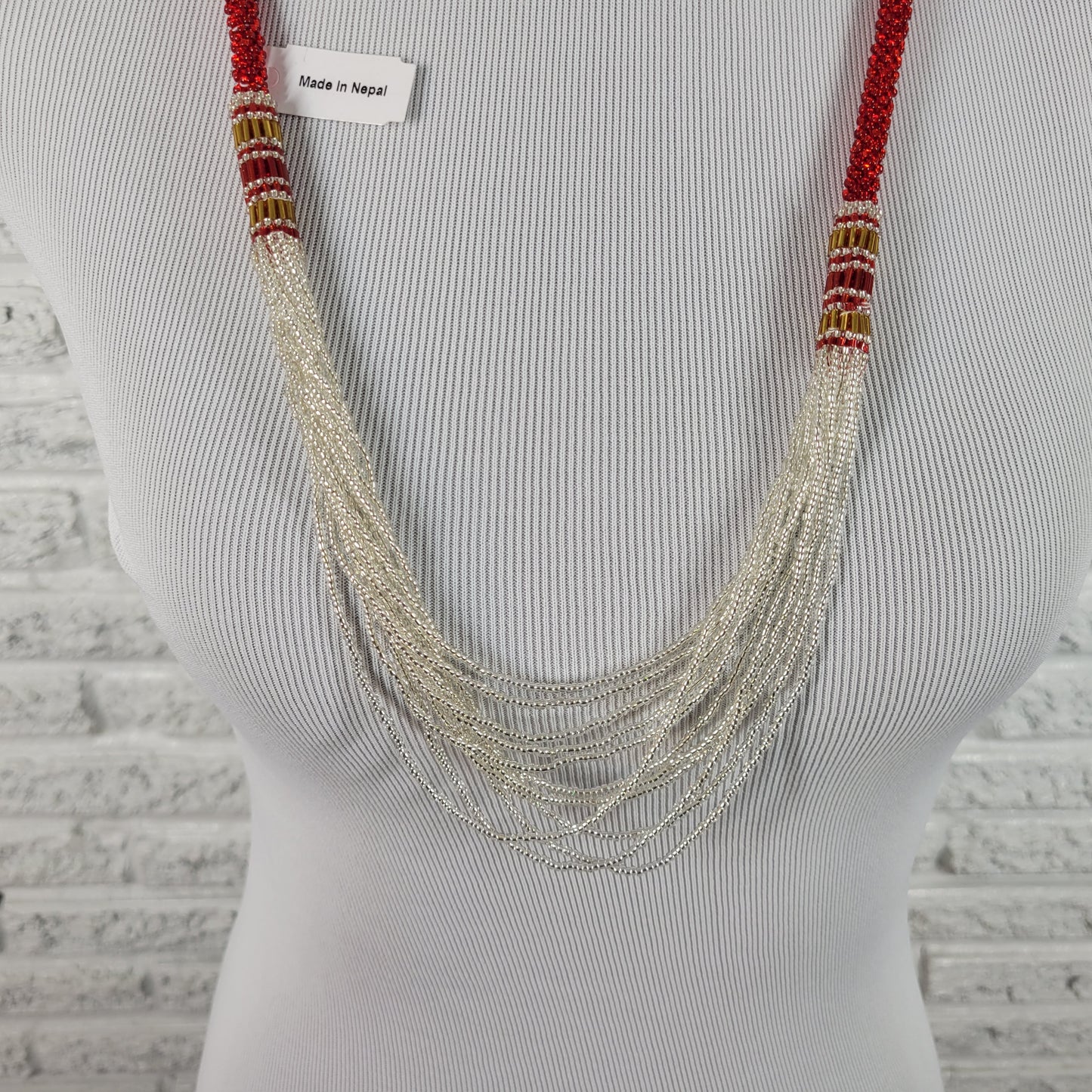 Nepali Seed Bead Rope Necklace Red Silver Multi Strand Crochet Boho N6E