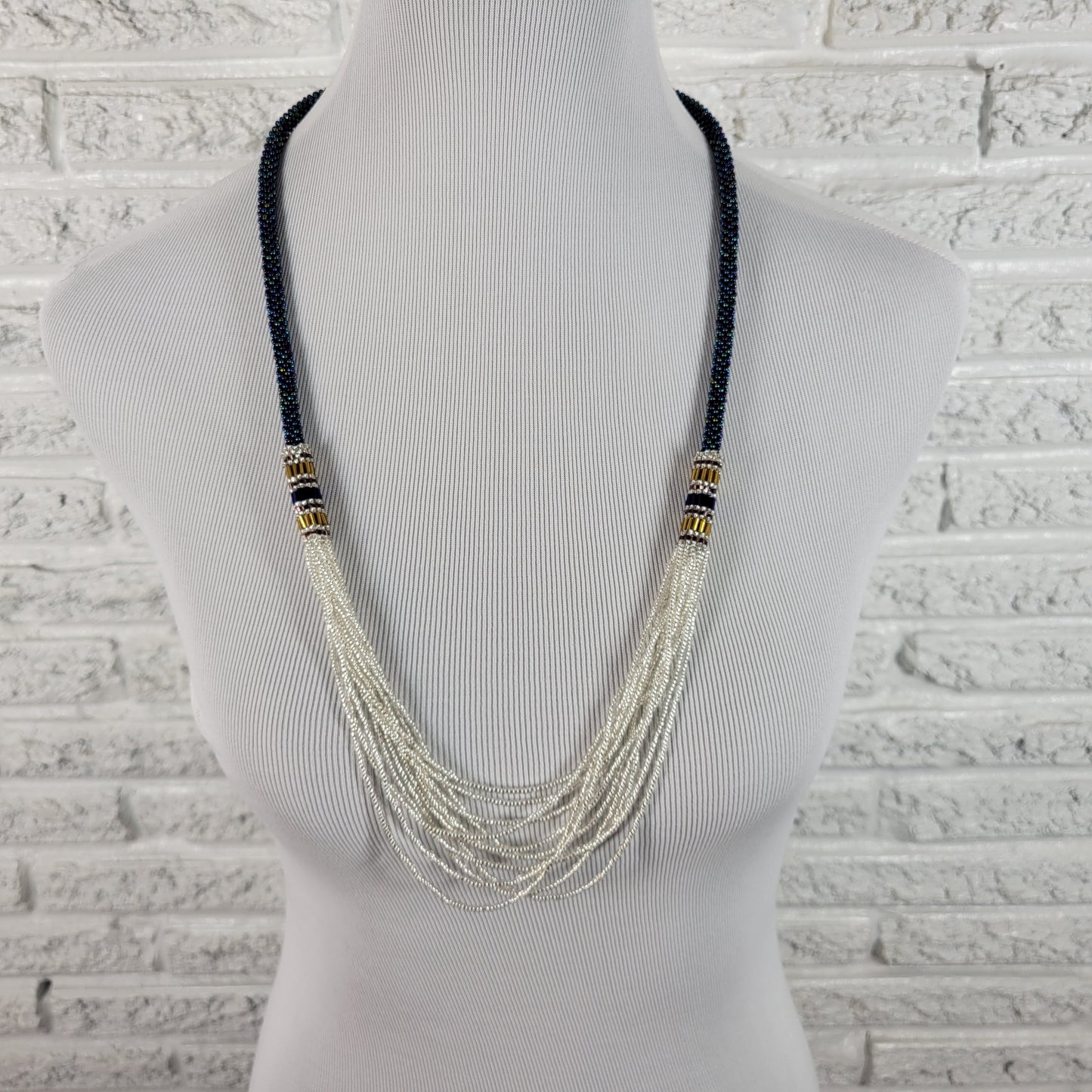 Nepali Seed Bead Rope Necklace Blue Multi Strand Crochet Boho Waterfall N9E