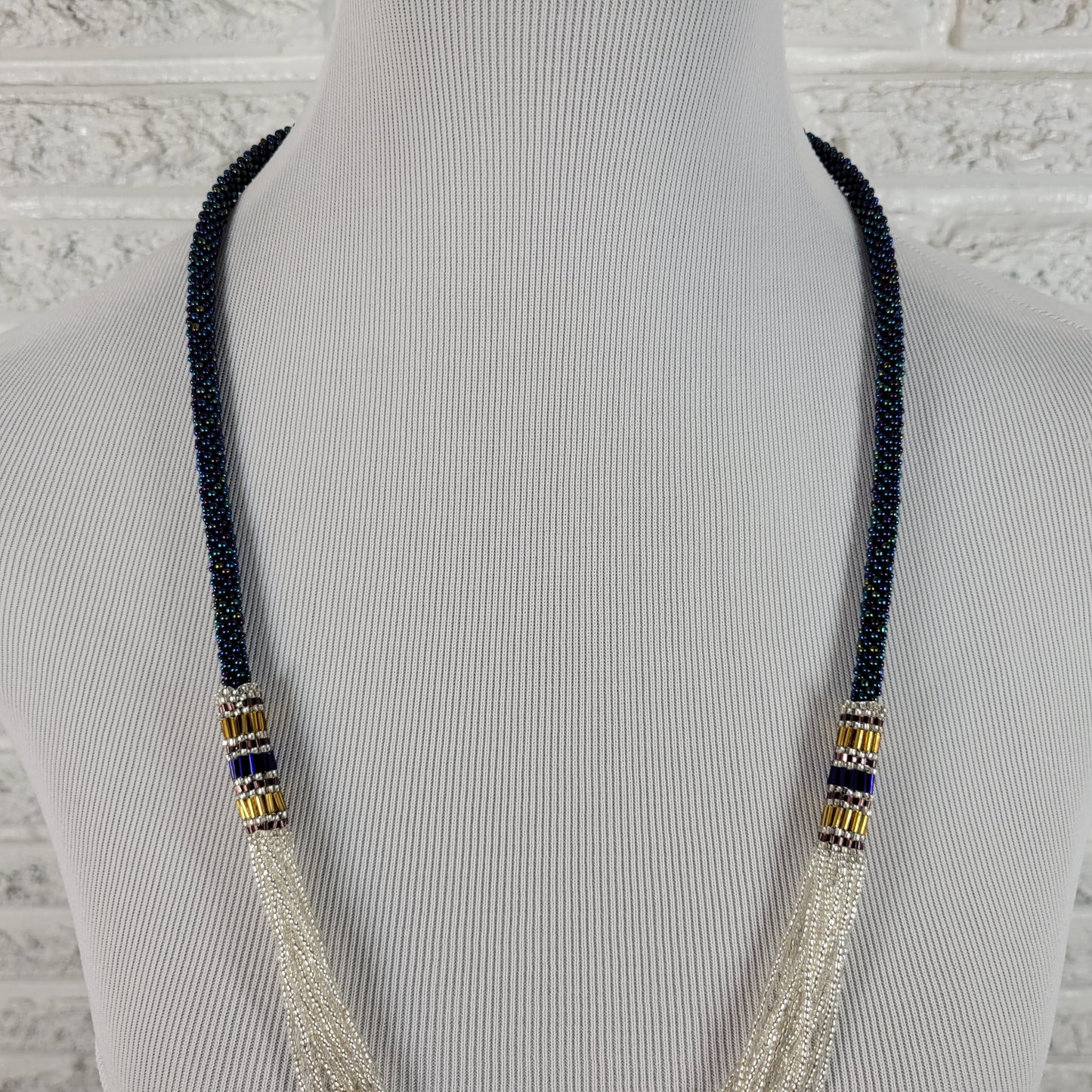 Nepali Seed Bead Rope Necklace Blue Multi Strand Crochet Boho Waterfall N9E